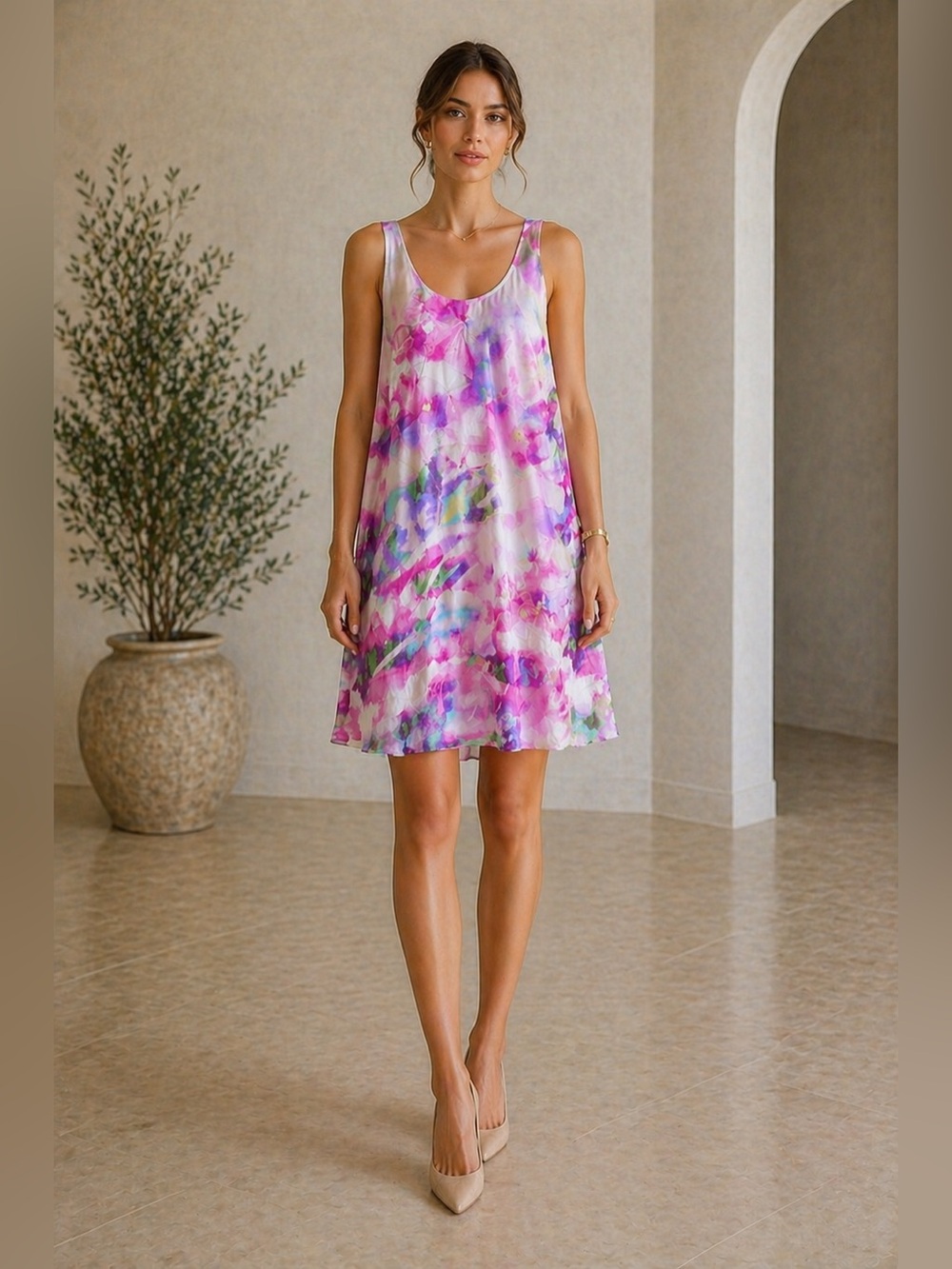 Cynthia Rowley 100% Liquid Silk Pink Watercolor Mini Dress Luxury Size 12 Large
